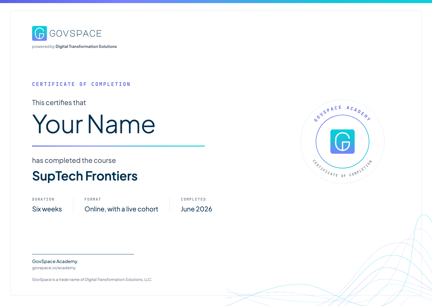 Sample GovSpace Academy certificate of completion for SupTech Frontiers